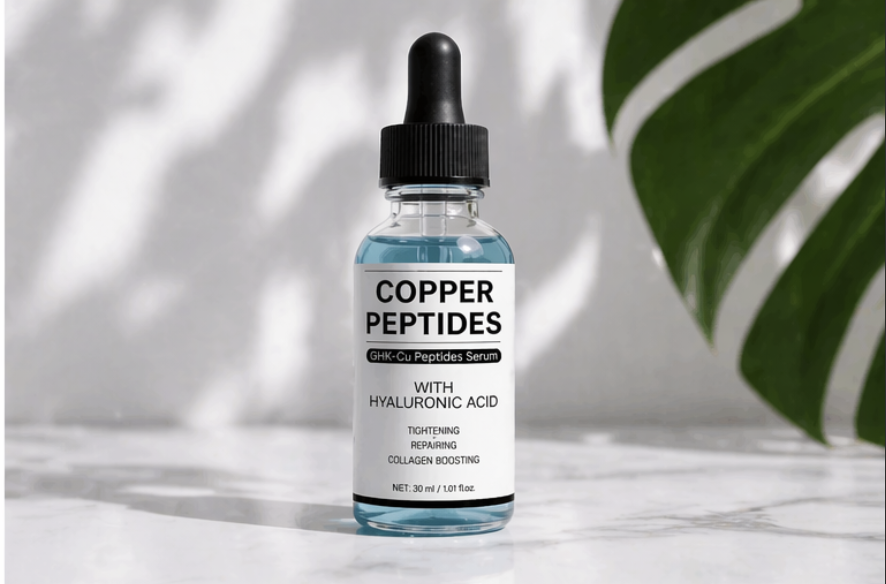 Cellovate Copper Peptides bottle with monstera leaf shadows